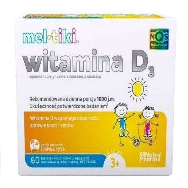 Meltiki witamina D3 1000j.m, smak tropikalny, od 3 roku życia, 60 tabletek do ssania